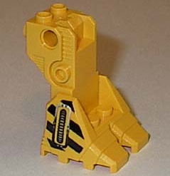 Yellow LEGO 41525pb01 Support Foot Platform piece with black danger stripes and silver hose pattern.