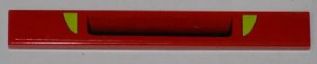 Red LEGO 1x8 tile with black air intake and two lime triangular shapes pattern.