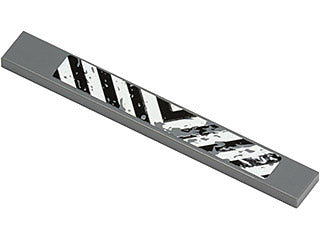 LEGO dark gray 1x8 tile with a sticker featuring black and white danger stripes and splatters pattern.