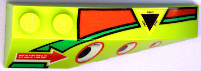 Lime green LEGO 41747pb005 Wedge 6x2 Right with red arrow, orange/green shapes, HMD triangle, and 3 ovals pattern.