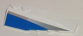 White LEGO 6x2 right wedge brick with a diagonal blue and silver stripe pattern on its side.