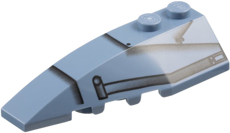 Light blue LEGO wedge 6x2 left brick with two studs, featuring a dark and light grey Star Wars Speeder pattern.