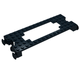 A black LEGO 4178 Train Base 6 x 16 Cutout, viewed from an angle, showing studs and rounded details on ends.