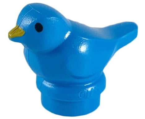 A bright blue LEGO bird figurine with small black eyes and a golden yellow beak, standing on a round connecting base.