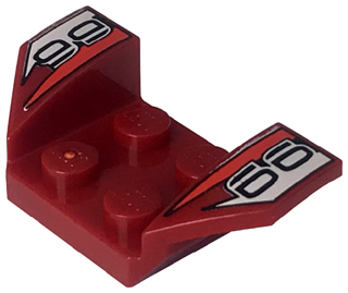 LEGO Vehicle Mudguard 2x4 with Flared Wings, dark red, printed with white, red triangles, and black '66' on both wings.