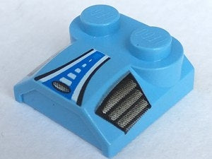 Light blue LEGO curved slope brick with two studs, featuring black, blue, white stripes and silver air vent patterns.