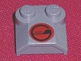 LEGO 41855pb07 grey slope, curved 2x2x2/3 with 2 studs, curved sides, and a red and black circle pattern.
