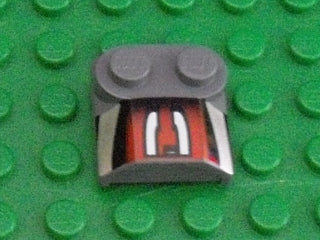 LEGO 41855pb09 dark gray curved slope brick with two studs, featuring a silver, black, and red number 3 left half pattern.