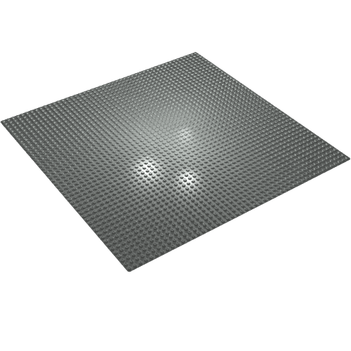 A dark gray LEGO 48x48 baseplate, covered with an array of studs, viewed from an angled perspective.