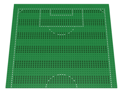 Green LEGO 48x48 baseplate with a football playing field pattern, including white dashed lines for goals and boundaries.