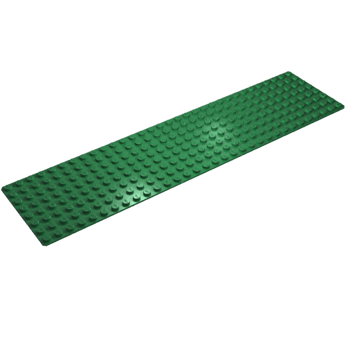 Green LEGO 8x32 baseplate with studs, viewed from an angle on a white background.