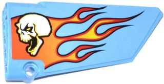 Light blue LEGO Technic panel fairing #18 large smooth, with a white skull and red-orange flames pattern.