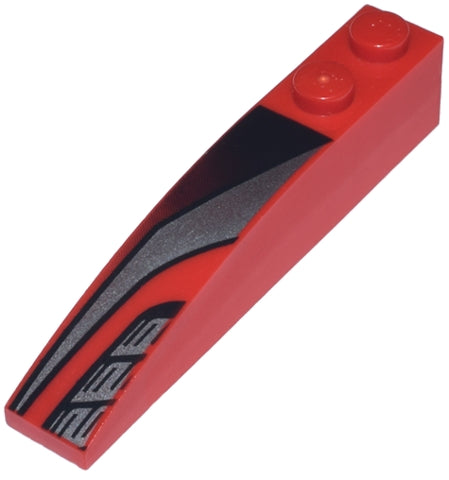 Red LEGO Slope, Curved 6 x 1 brick with silver and black pattern, showing the model's left side.