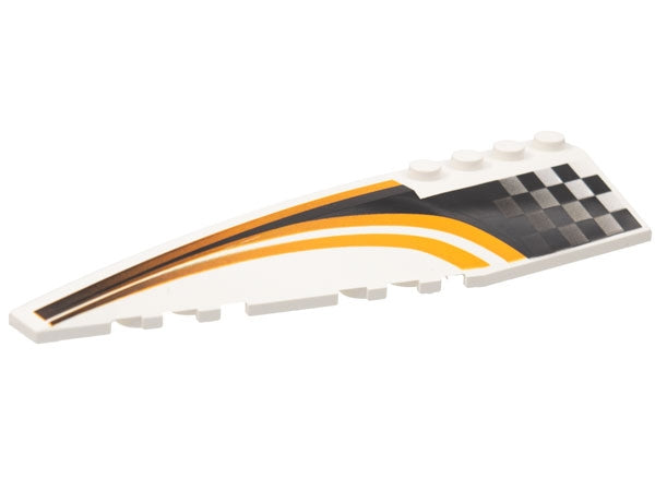 White LEGO Wedge 12x3 Left with faded black checkered panel and curved orange stripes pattern.