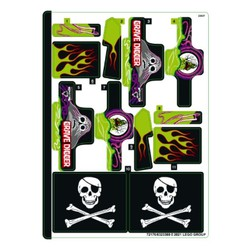 LEGO 42118 Monster Jam Grave Digger sticker sheet featuring green flames, skull and crossbones, and monster truck graphics.