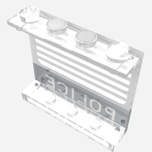 Clear LEGO 1x4x3 panel with solid studs, featuring a mirrored black 'POLICE' bar and white stripes pattern.