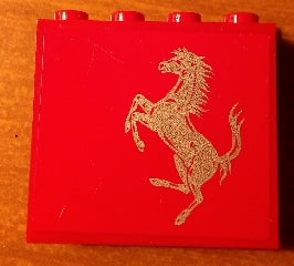 Red LEGO 1x4x3 panel with hollow studs, featuring a silver Ferrari Prancing Horse logo sticker, from sets 8153 or 8155.