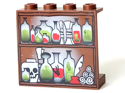 Brown LEGO 1x4x3 panel with printed shelves displaying green and red potions, scrolls, a skull, and a quill.