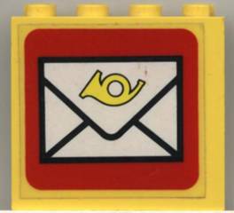 Yellow LEGO 1x4x3 panel with a red sticker featuring a white envelope and a yellow postal horn.