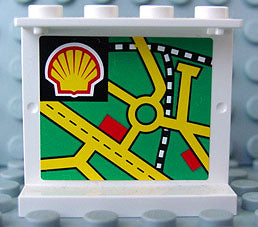White LEGO 1x4x3 panel with a sticker of a green street map, yellow and black roads, and a Shell logo.