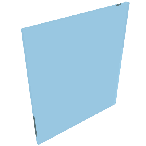 Angled view of a light blue transparent LEGO 1x6x6 flat front window glass panel, showing its thickness and corner clips.