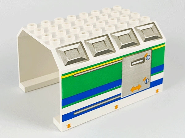 White LEGO 42604pb001 aircraft fuselage part with green, blue, yellow stripes and a silver door print.