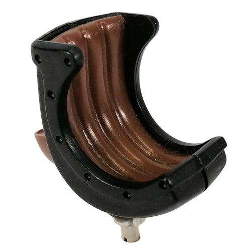 A curved LEGO Galidor accessory saddle, black on the outside and ridged brown on the inside, with a connector.