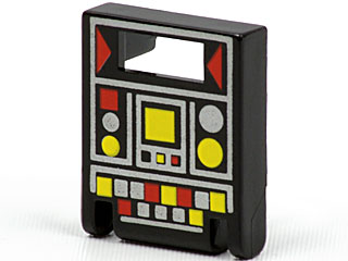 Black LEGO 2x2x2 container door with slot, featuring a printed control panel design with red, yellow, and grey details.