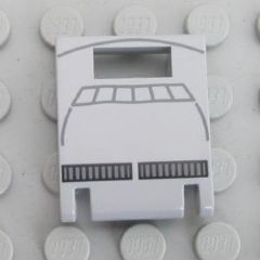 White LEGO 2x2x2 container door with slot, featuring a grey Sith Infiltrator spaceship pattern and black grille details.