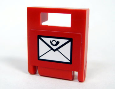Red LEGO 2x2x2 container box with door and slot, featuring a white mail envelope and black postal horn sticker.