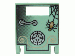LEGO 4346px7 mint green 2x2x2 container door with slot, silver safe handle, dial, spider, and black web pattern.