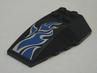 Black LEGO 6x4 triple curved wedge brick with blue and white flames pattern on top.
