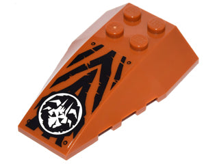 Orange LEGO 6x4 triple curved wedge brick with black tiger stripes and a white Chima Mammoth head emblem.