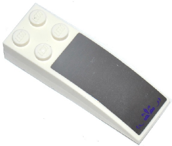 White LEGO Slope, Curved 6 x 2 with a dark gray mirror surface and dark purple scroll pattern.