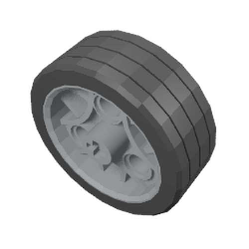 LEGO Wheel 36.8 x 14 ZR with axle hole, 3 pin holes, and fixed black rubber tire on a light gray rim.