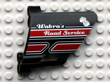 Black LEGO Technic Panel Fairing #22 Large Short, Small Hole, with 'Wabra's Road Service' pattern, red stripes, and LEGO brick logo.