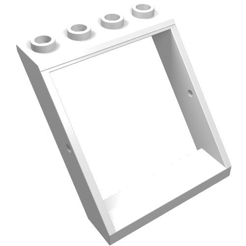 A white LEGO Window 4 x 4 x 3 Roof brick, part 4447, with four studs on top and an open sloped frame.