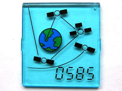 Blue LEGO 4x4x3 window piece with '0585', Earth, and four satellites pattern sticker from Set 6339.