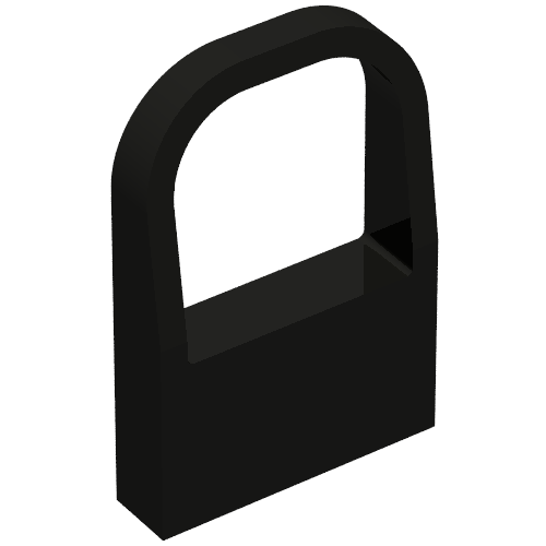 Black LEGO Fabuland Window 1 x 4 x 5 with Curved Top, featuring an open frame and solid base.