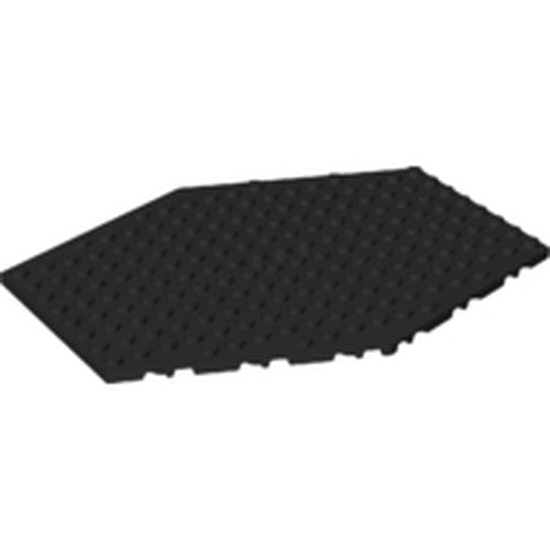 A black LEGO Plate, Modified 14 x 18 Hexagonal with Lowered 2 x 4 Bottom with 3 Pin Holes.
