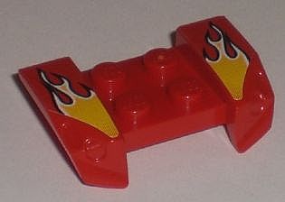 Red LEGO mudguard 2x4 with headlights overhang, featuring yellow flame patterns on both sides.