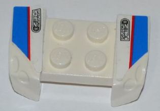 White LEGO 2x4 mudguard with four studs, blue and red stripe, and 'NUTY REZ' pattern on the side overhangs.