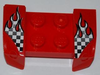 A red LEGO 2x4 vehicle mudguard with headlights overhang. It features checkered flame patterns on both sides.