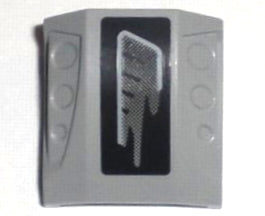 Gray LEGO curved 2x2 slope brick with debossed side ports and a black sticker featuring a gray air vent pattern.