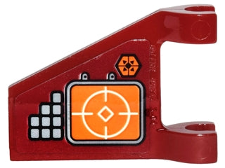 Dark red LEGO 2x2 trapezoid flag part with gray buttons, an orange screen featuring a white target reticle, and a hex icon.