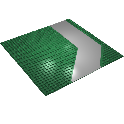 Green LEGO 32x32 baseplate with a light gray angled driveway road pattern.