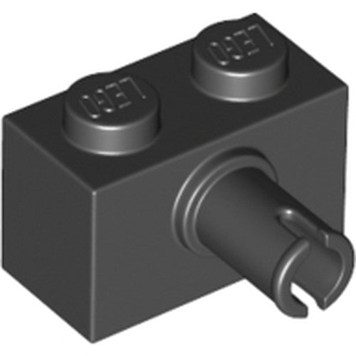 Black LEGO modified 1x2 brick with two top studs and a side-extending pin with a C-clip.