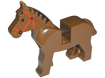 Brown LEGO horse (4493c01pb01) with black eyes, red bridle, black mane pattern, and a saddle cutout for minifigures.