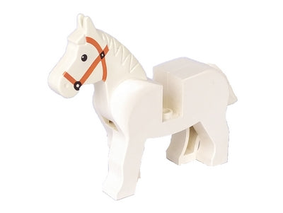 White LEGO horse with black eyes and pupils, featuring a dark orange bridle pattern. Part number 4493c01pb04.