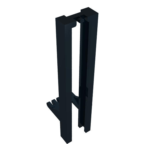 Dark gray LEGO 4518a Vehicle, Forklift Wide 1 x 2 Hinge Plate Dual 3 Fingers, an attachment piece with two uprights and three lower prongs.